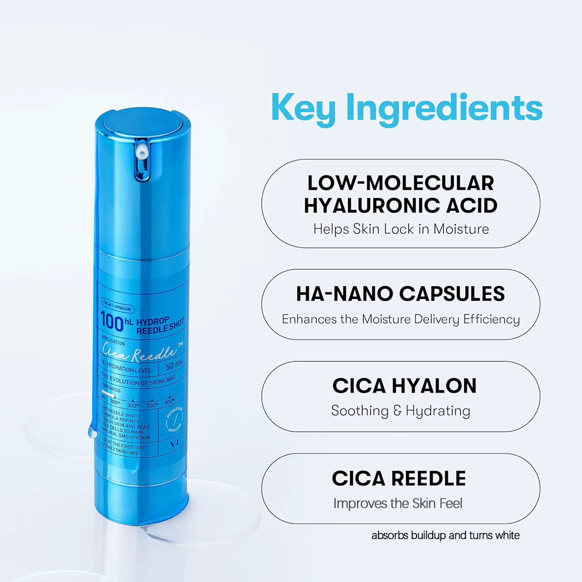 VT COSMETICS Hydrop Reedle Shot 100hL, translucide et hydratant, affinant les pores, améliorant l'éc