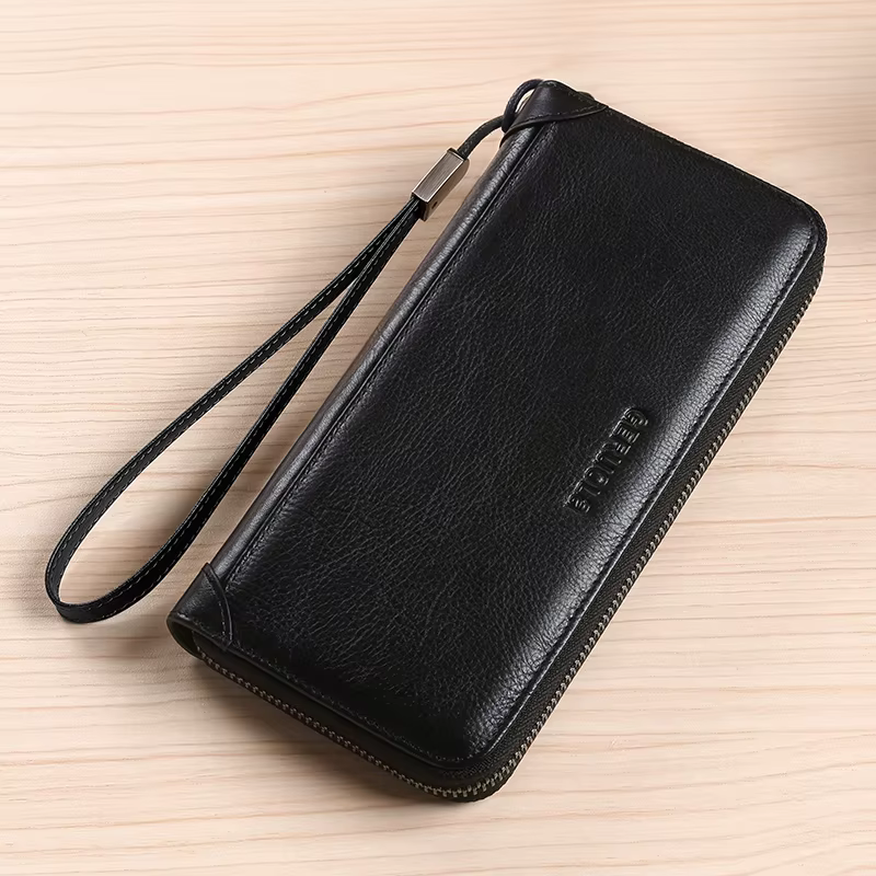 Portefeuille en cuir pour homme, long, nouveau, en cuir de vachette souple, sac à main de voyage, lu