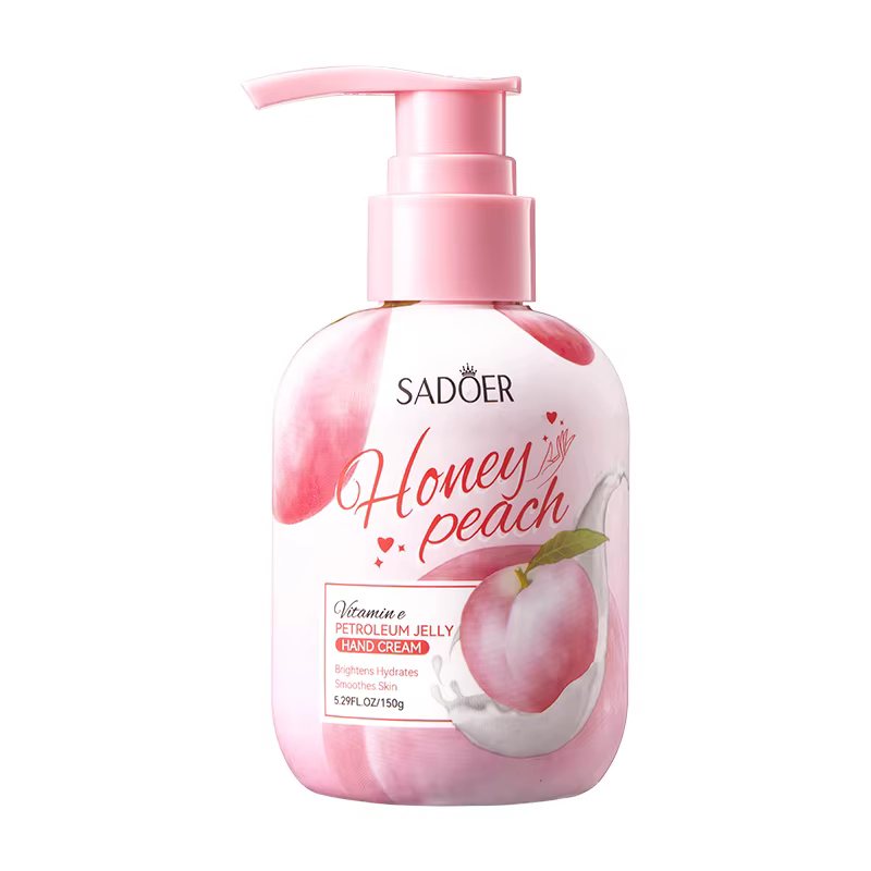 Crème pour les mains à la pêche 150g, texture aqueuse, hydratante mais non grasse, améliore les main