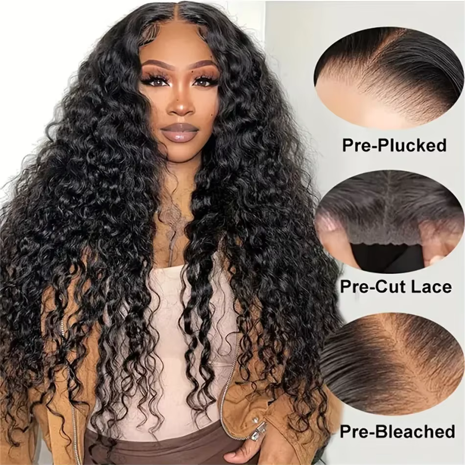 Perruques bouclées Deep Wave pré-plumées avec fermeture à lacet HD, cheveux humains sans colle, prêt