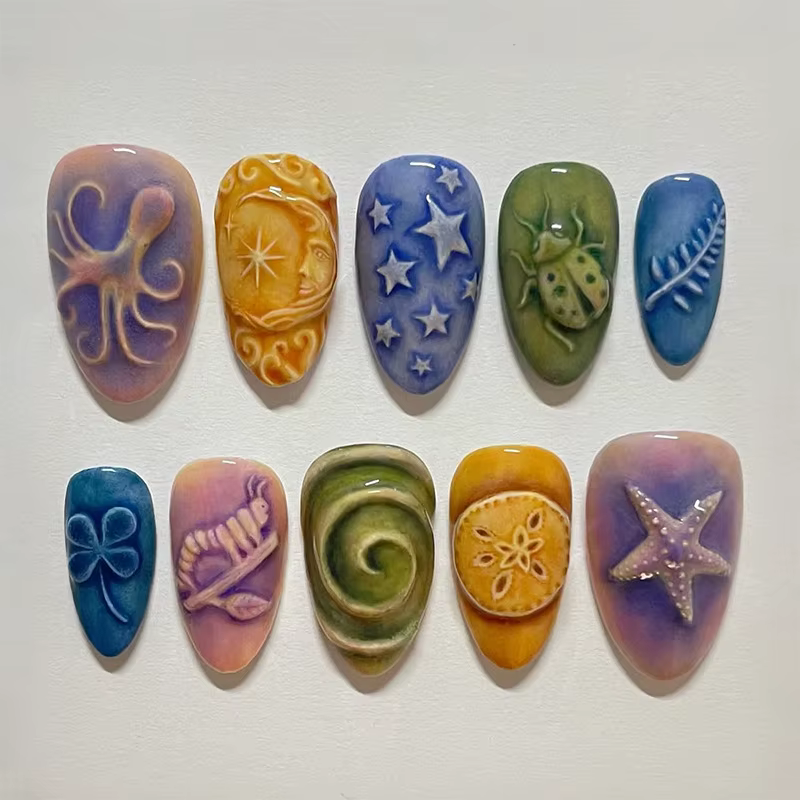 24 faux ongles en amande mi-longs à presser avec motif fleur insecte, couverture complète, réutilisa