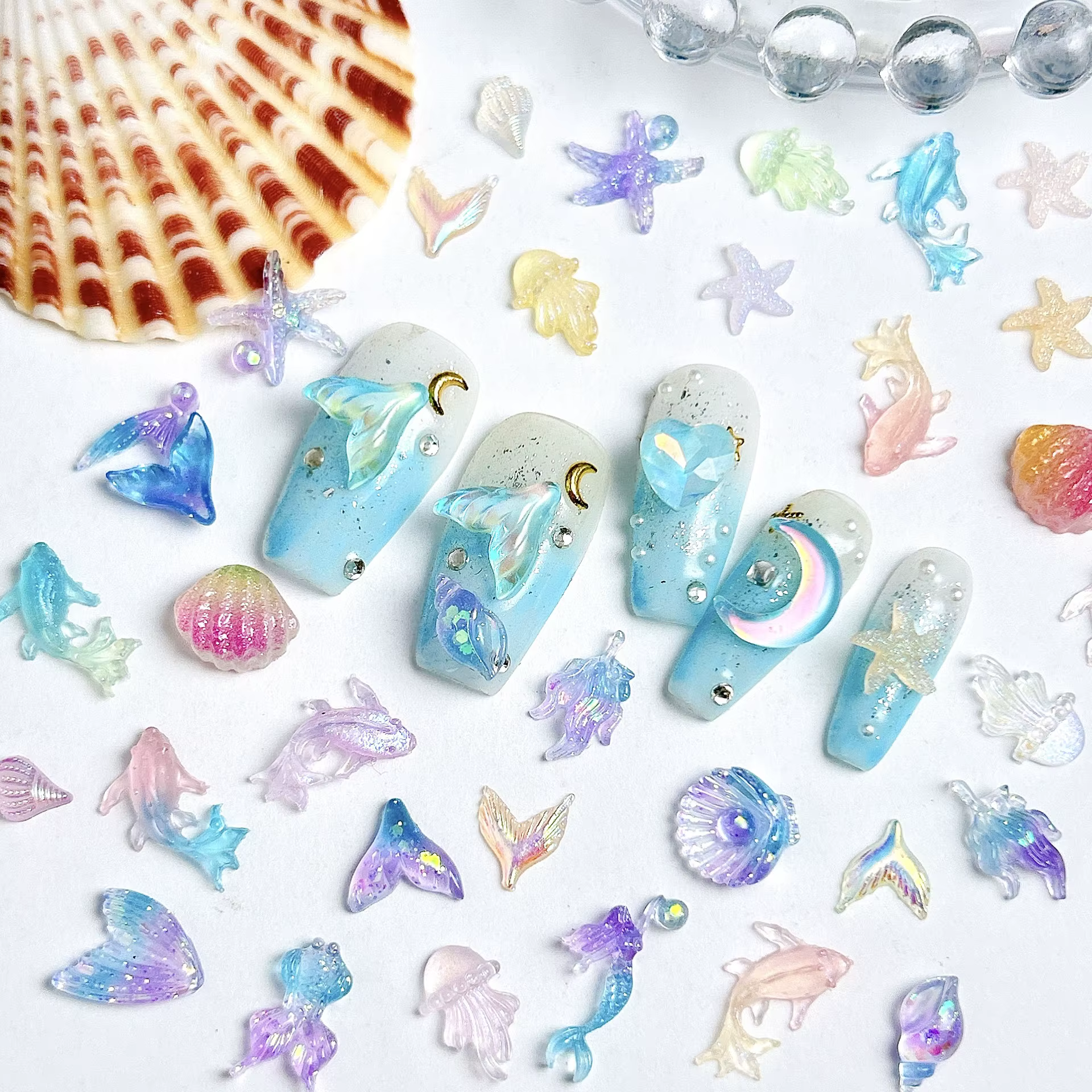 Accessoires de la série océan pour Nail Art, résine 3D dégradée, sirène, coquille de dauphin, étoile