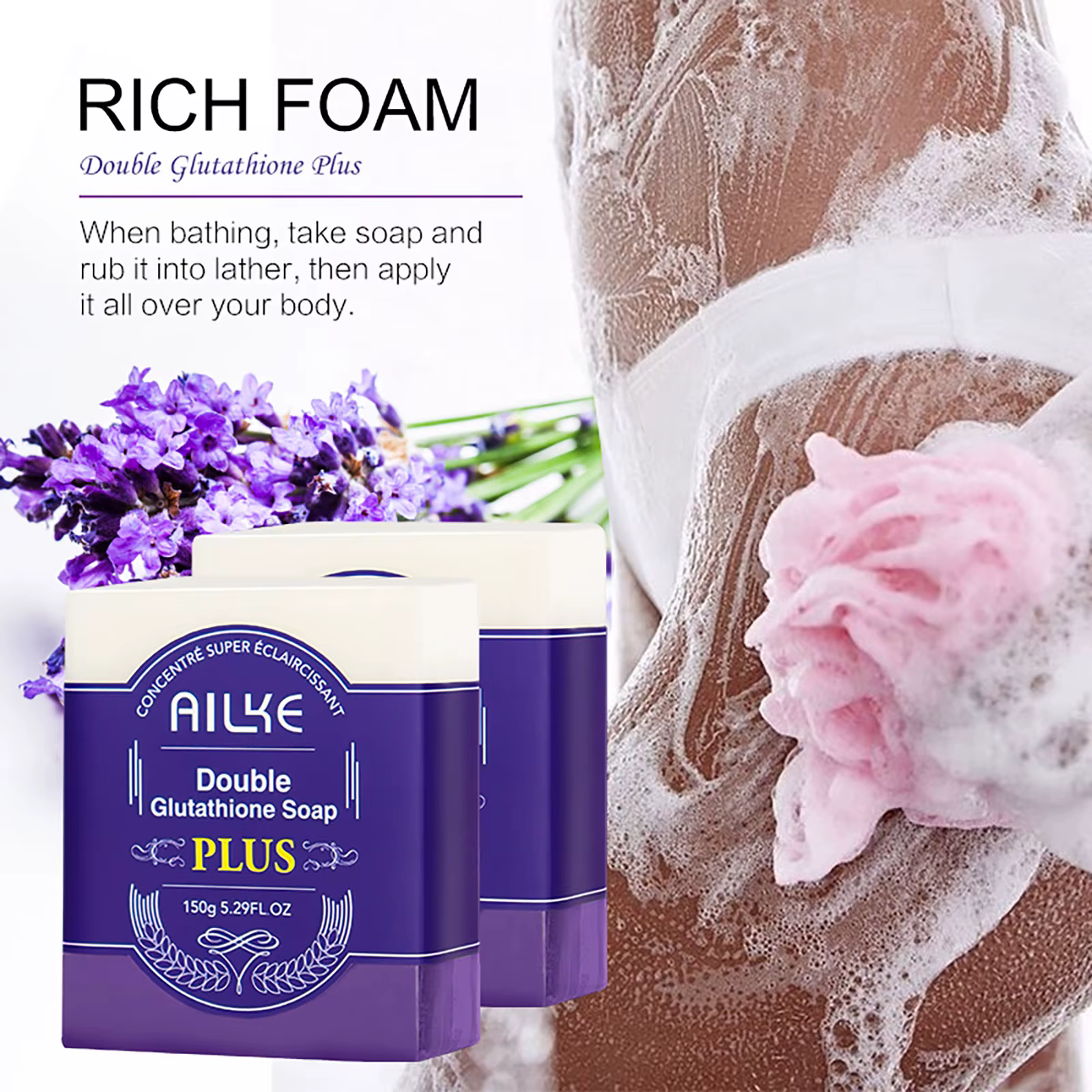 AILKE Barre de savon éclaircissante, avec glutathion et lavande organiques, pour le visage, le corps