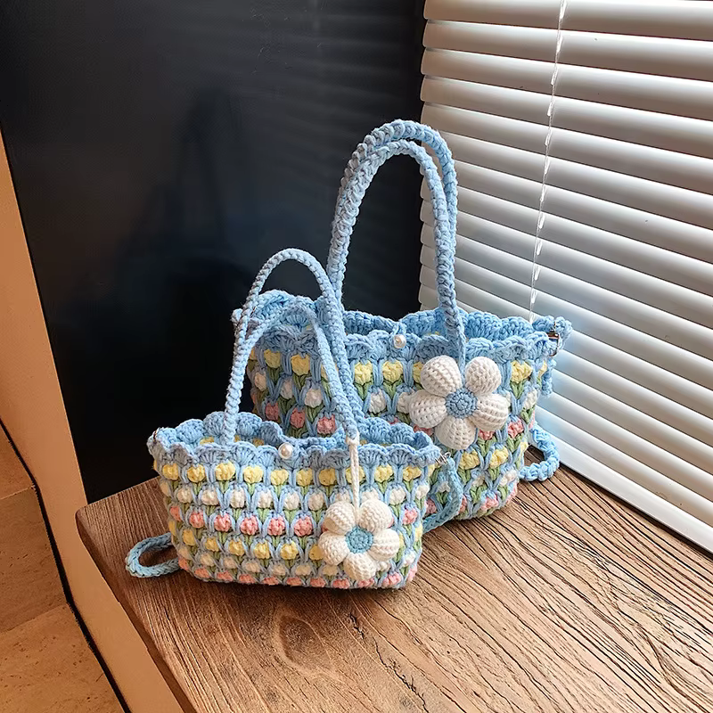 Sac bandoulière au crochet pour femme et fille, fait main, color block, léger, décontracté, pour l'é