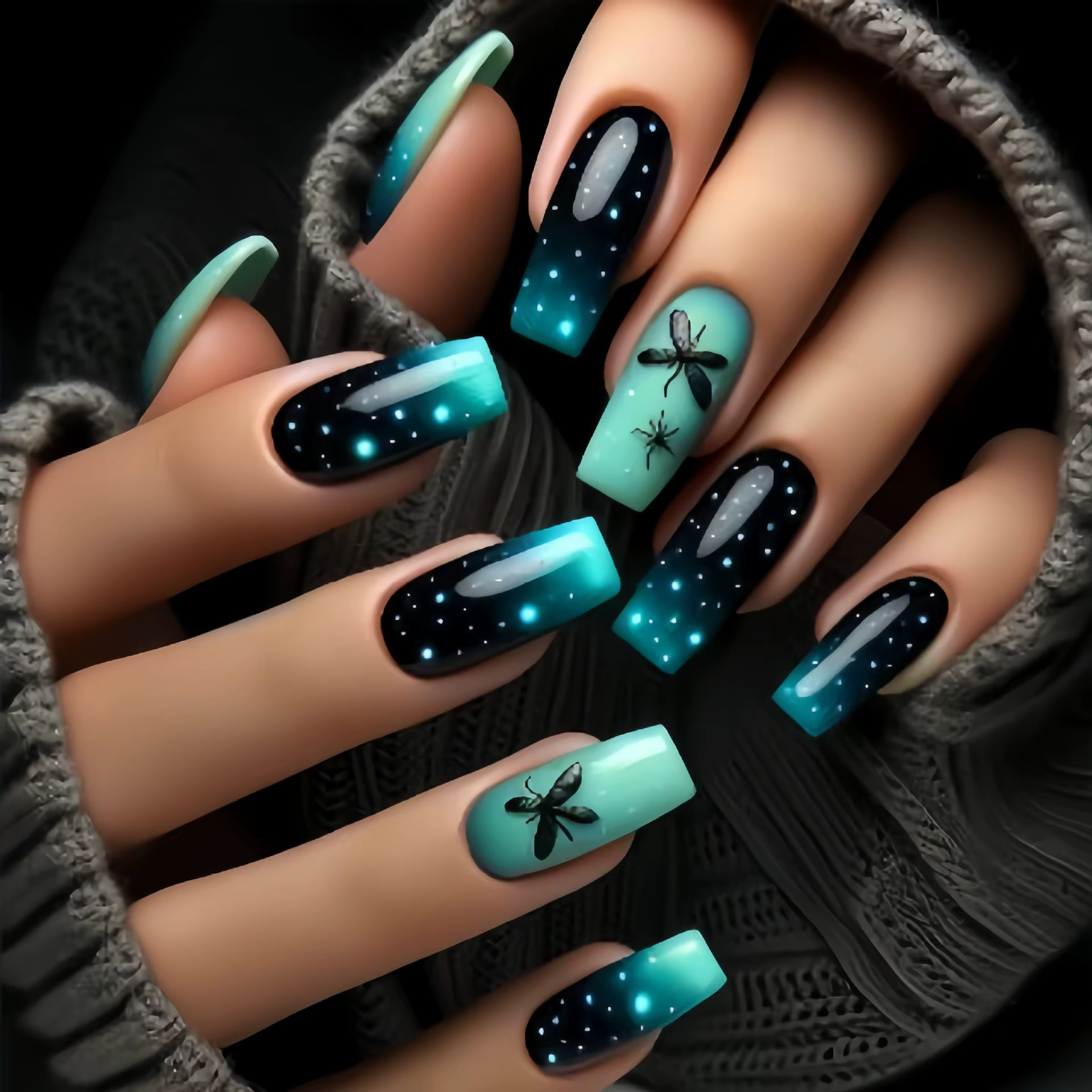 Faux Ongles Mi-Longs à la Mode, Papillon, Plume, Forêt, Vague de Mer, Dégradé, Bleu, Violet, Vert, P