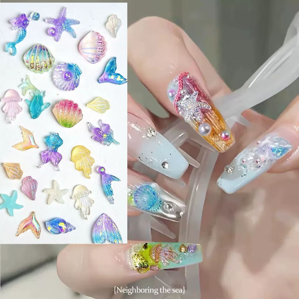 Accessoires de la série océan pour Nail Art, résine 3D dégradée, sirène, coquille de dauphin, étoile