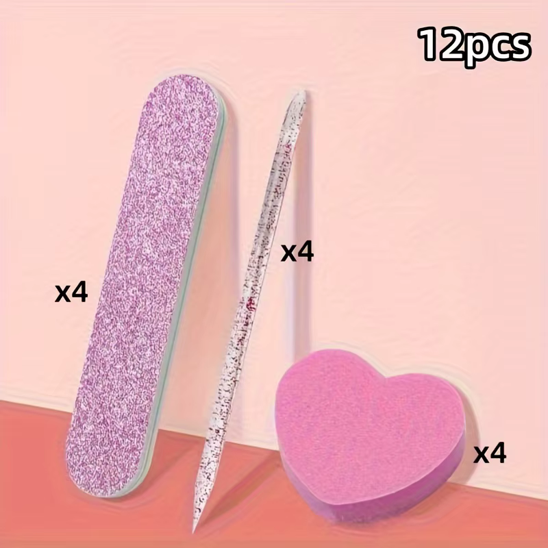 Ensemble de 12 pièces de kit de soin des ongles à paillettes roses, tampon en forme de cœur, tige en