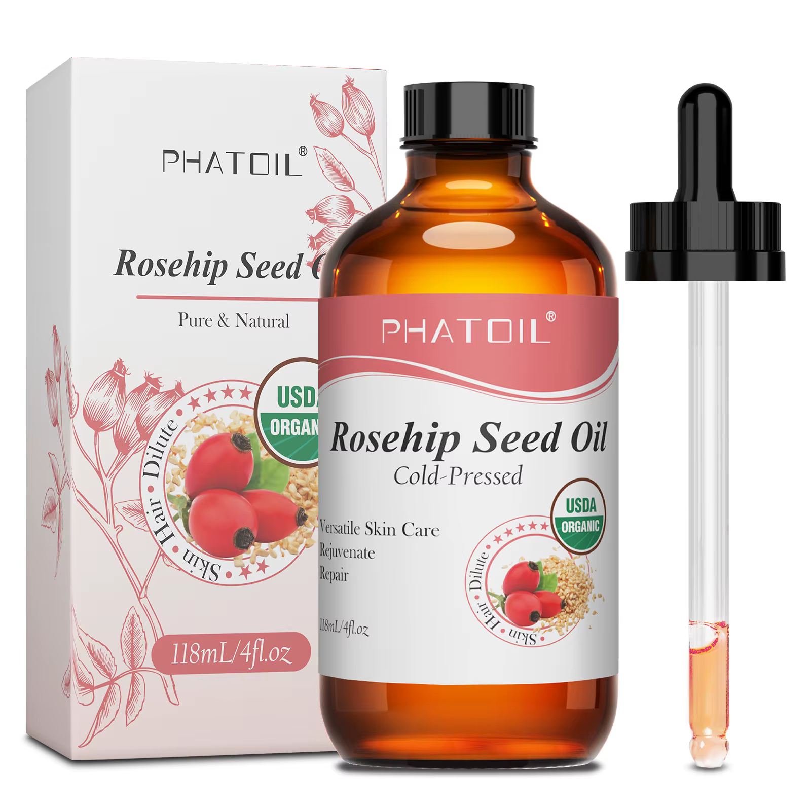 PHATOIL 118ml huile de jojoba biologique pressée à froid huile de transport de graines de rose musqu