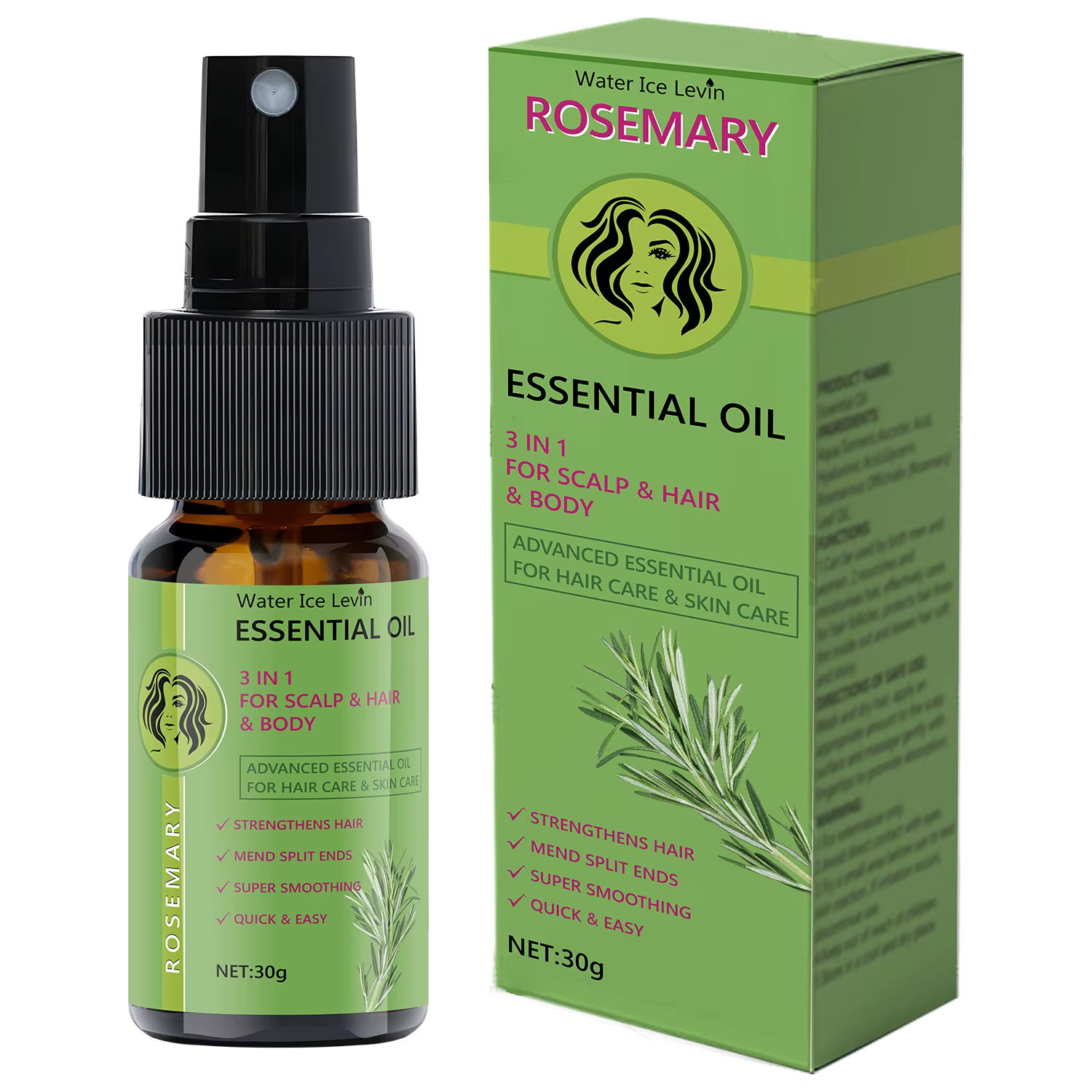 Huile Essentielle de Romarin 3 en 1 pour Cheveux et Cuir Chevelu - Renforce et Lisse, Anti-Frisottis