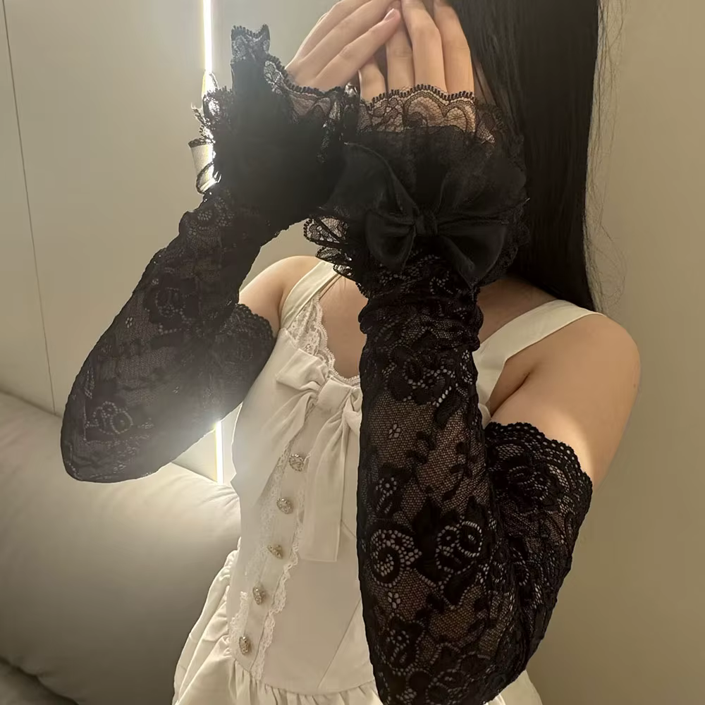 Gants longs pour femmes, style Lolita, pour mariée, élégants, chauffe-poignets, en dentelle, sans do