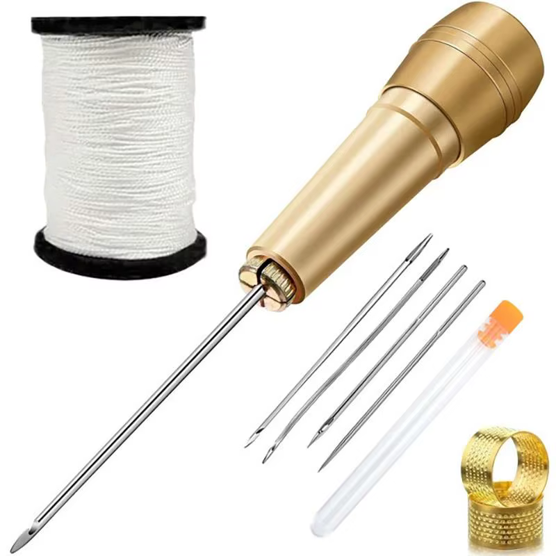 Kit de couture en cuir complet avec manche en cuivre, fil en nylon, outils de couture manuels polyva