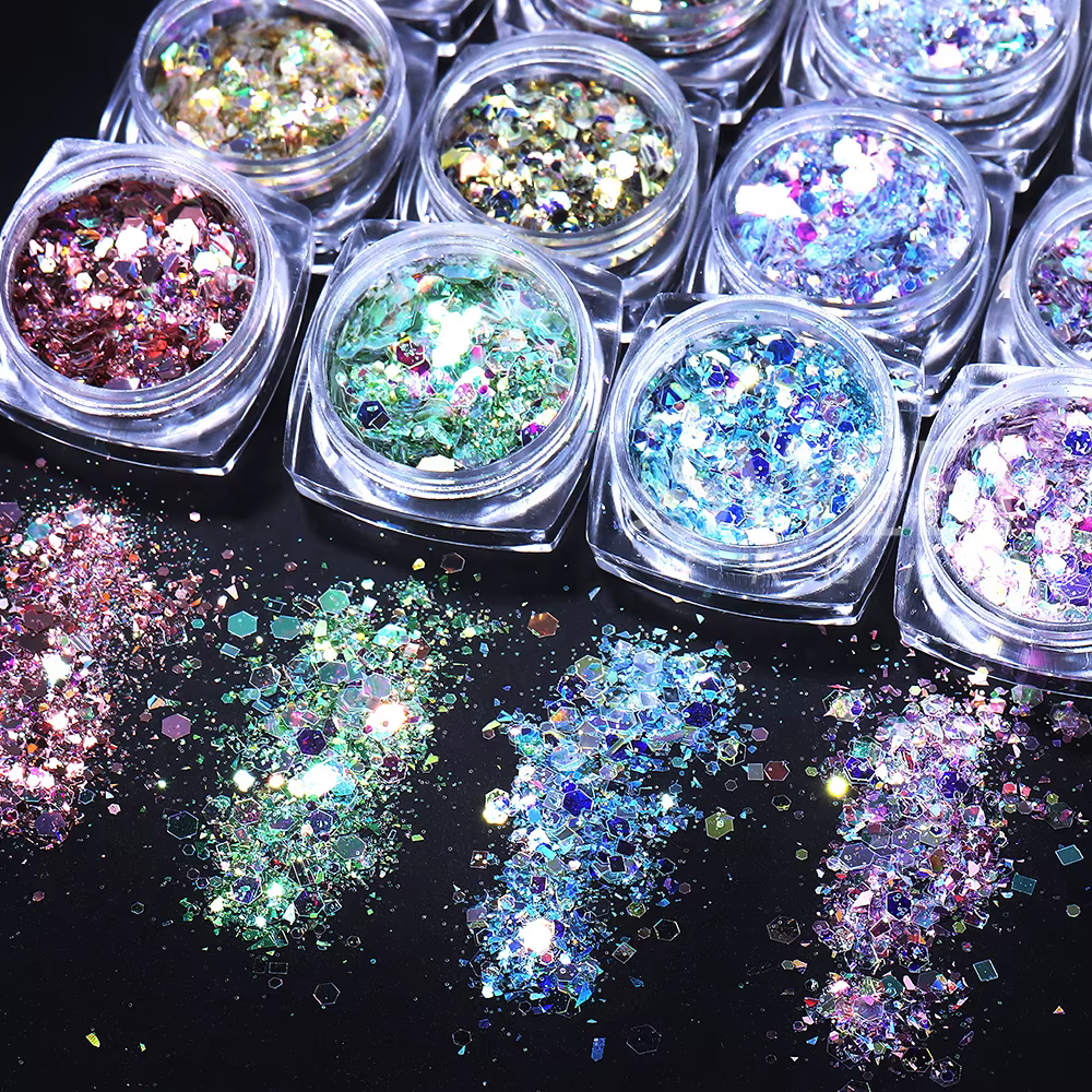 Paillettes holographiques hexagonales pour ongles, 12 couleurs, brillant, grosses paillettes irisées