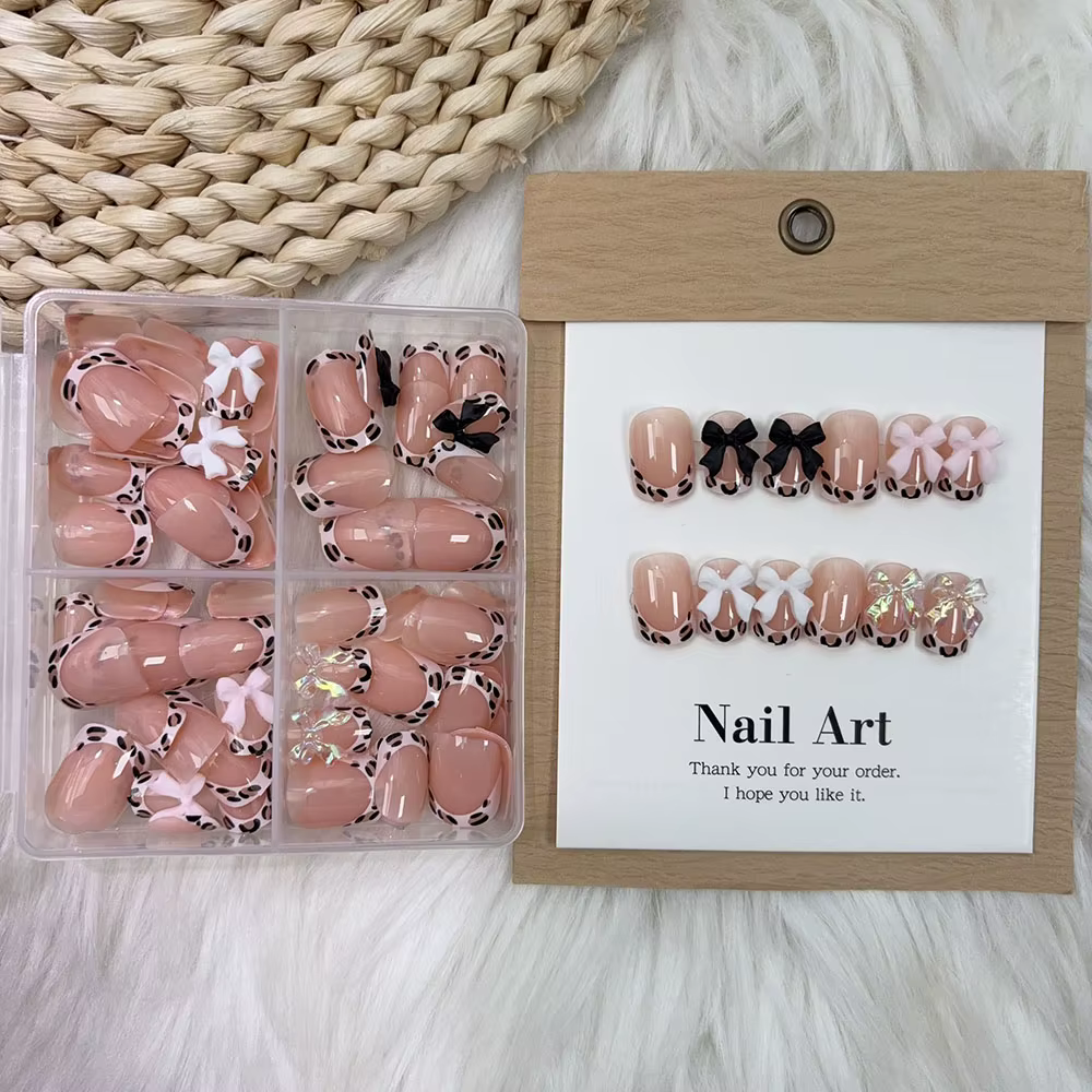 24/96 pièces nu léopard français nœud papillon faux ongles court rond carré presse sur ongles Y2K mi