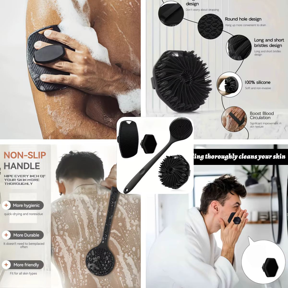 Ensemble de brosses de bain 1-4 pièces Brosse de bain en silicone souple avec poignée antidérapante,