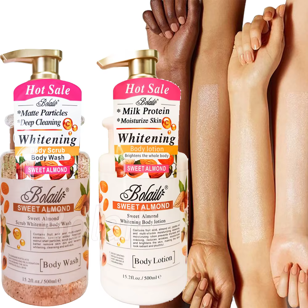 Lotion et gommage pour le corps blanchissant à l'amande, 500ml, exfoliant, hydratant, éclaircissant 