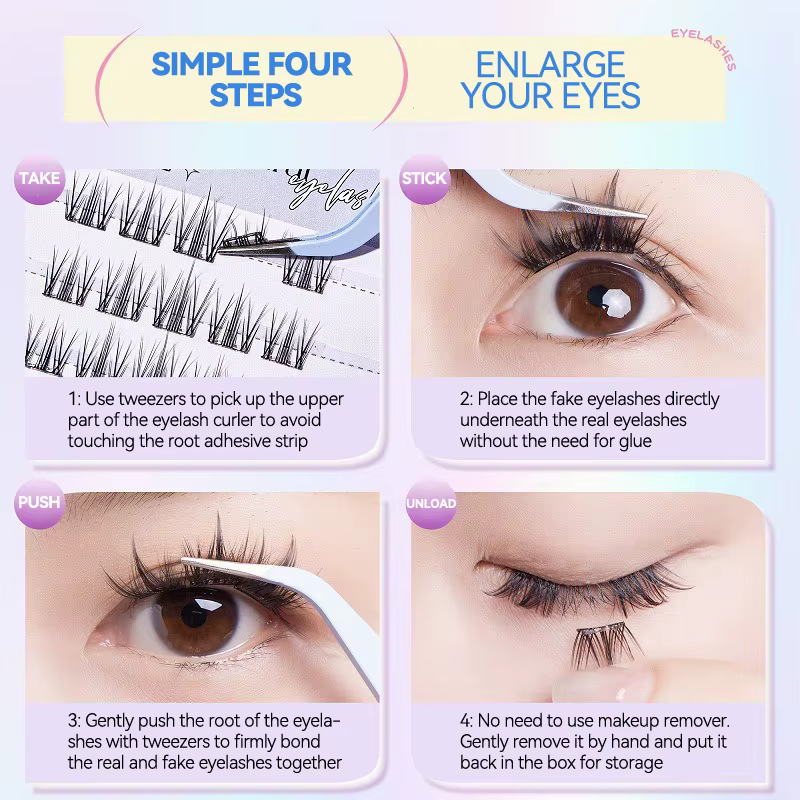 Faux cils sans colle – Série animale, boucles et volume naturels, bande fine segmentée pour une appl