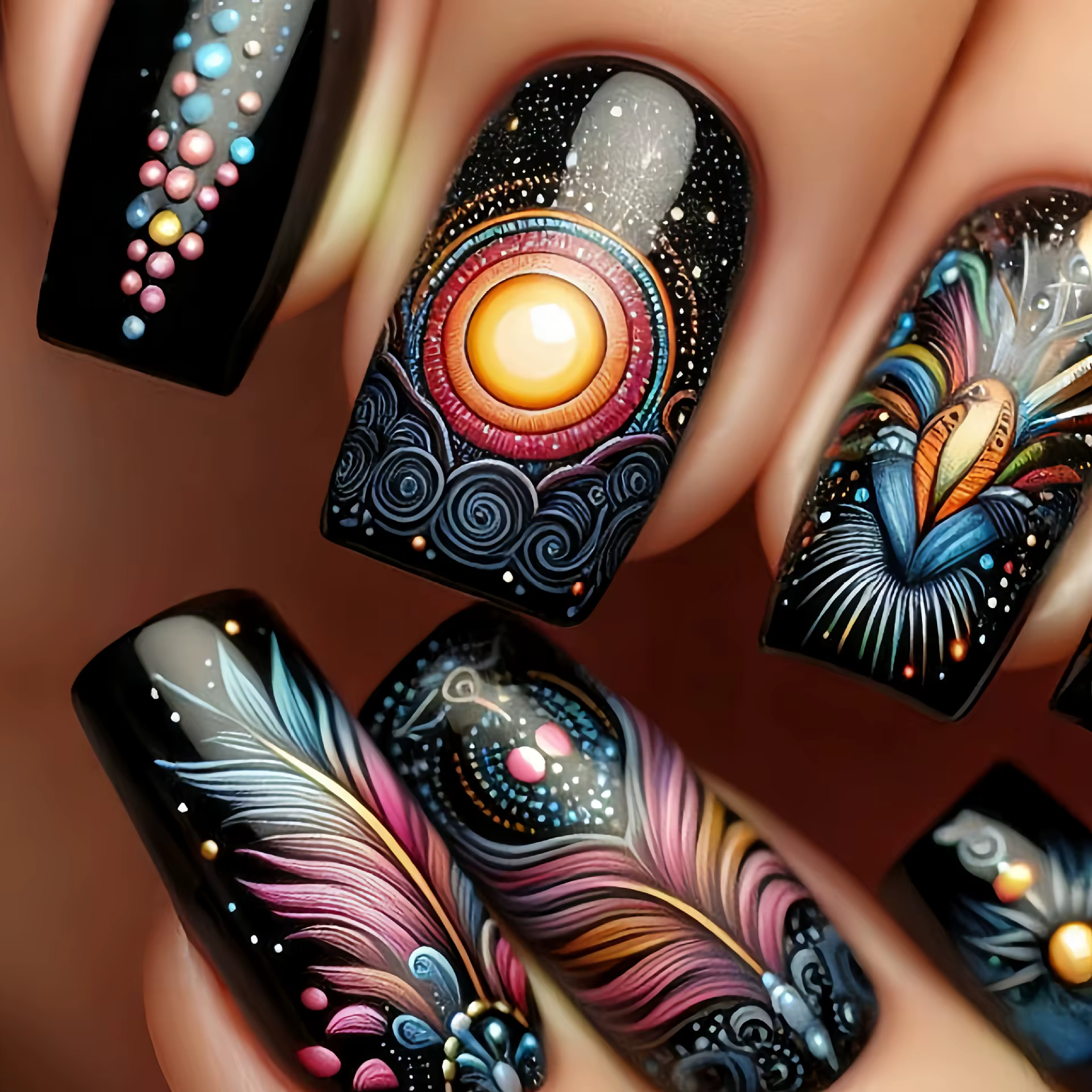 Faux Ongles Mi-Longs à la Mode, Papillon, Plume, Forêt, Vague de Mer, Dégradé, Bleu, Violet, Vert, P