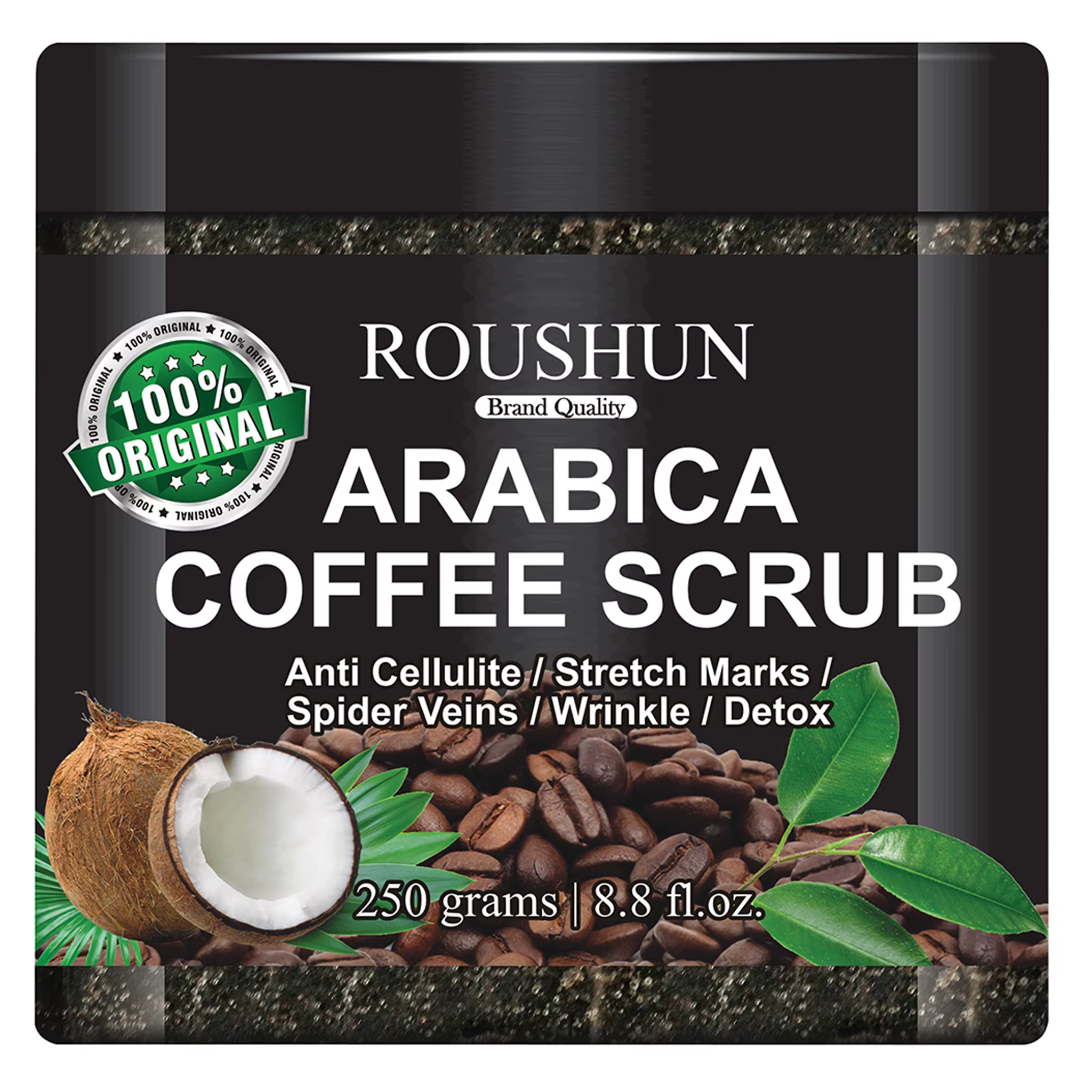 Gommage corporel au café Arabica ROUSHUN, grand format familial, nettoyage doux et profond de la pea