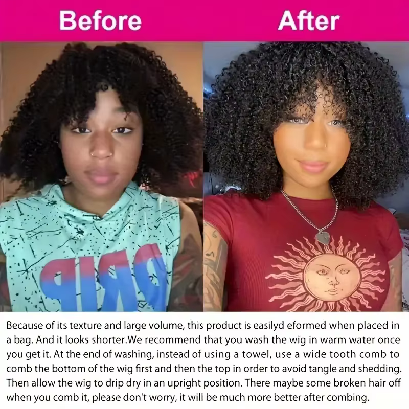 Perruque Brésilienne Remy 180% Naturelle Crépue Bouclée avec Frange, Cheveux Courts Faits à la Machi