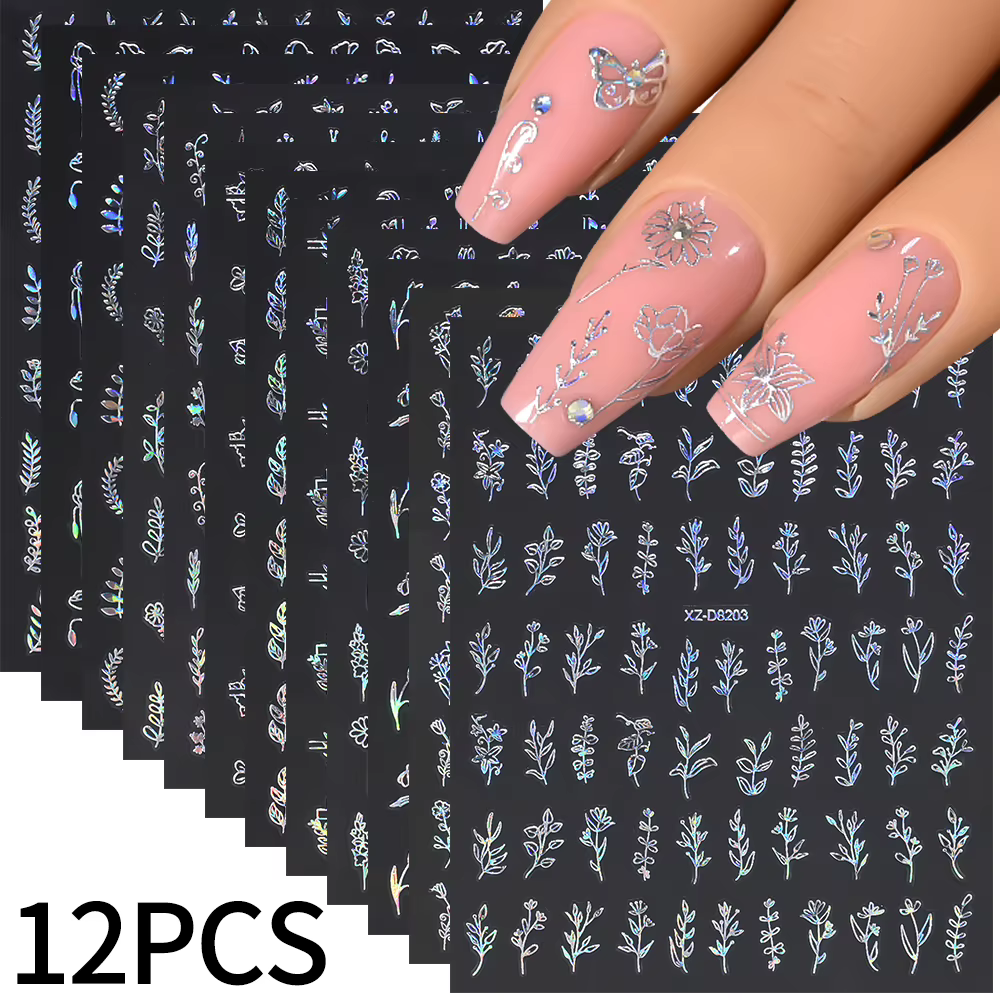 12 pièces/ensemble 3D feuille brillante fleur Nail Art autocollant Laer or bronzant feuilles ongles 