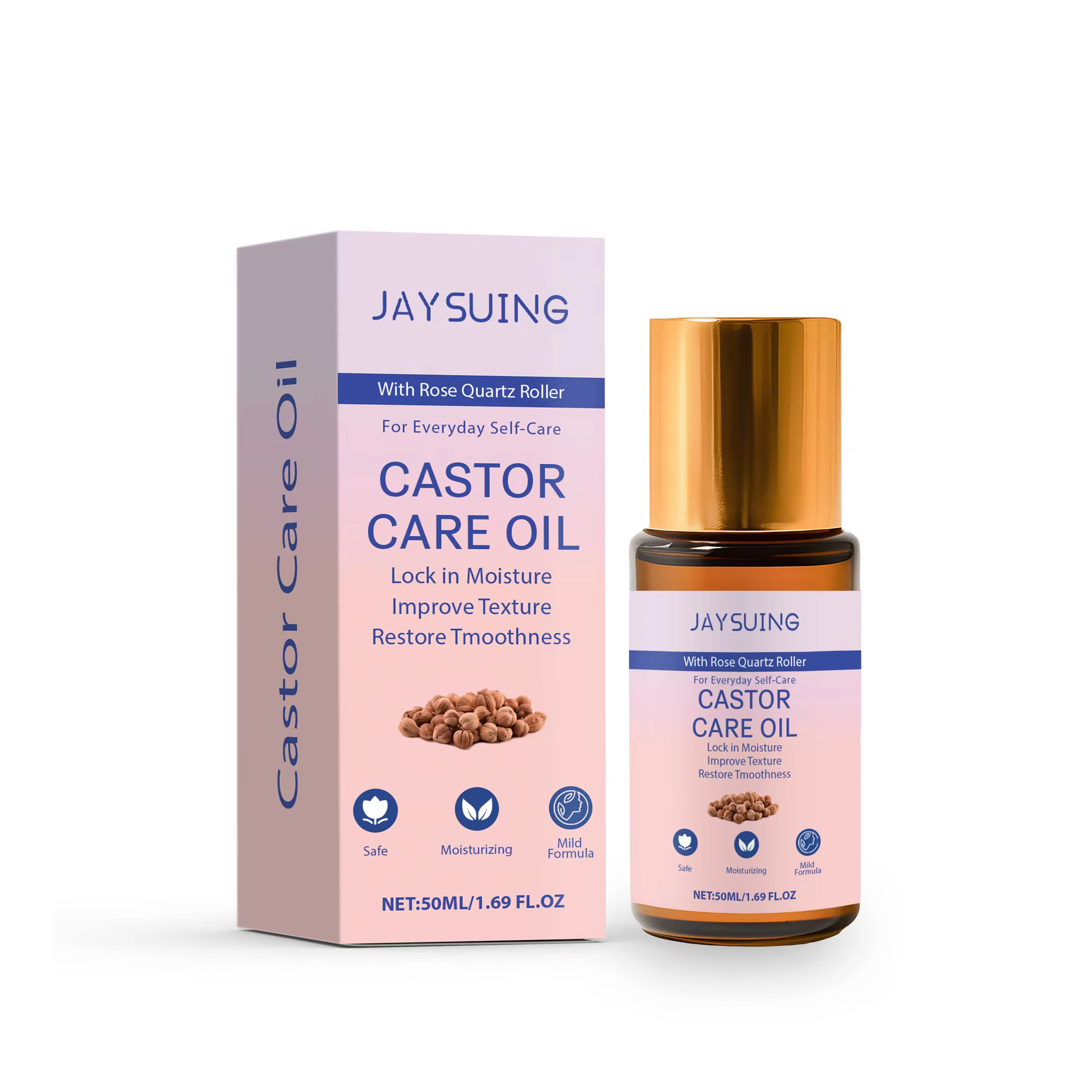 Huile de ricin biologique naturelle avec rouleau en quartz rose, soin de la peau, huile essentielle,