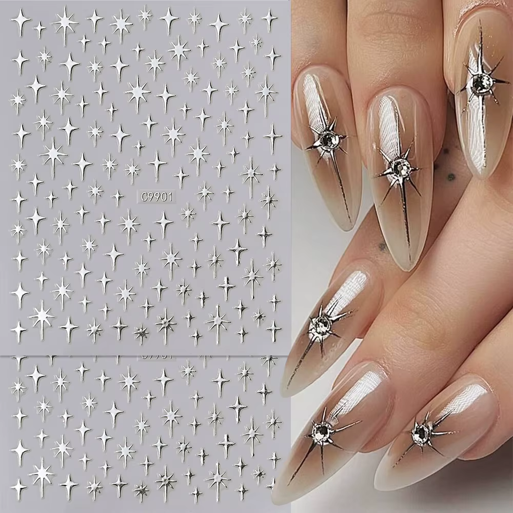 Autocollants pour ongles étoiles Laser 3D, 6 couleurs, miroir métallique doré argenté, décalcomanies