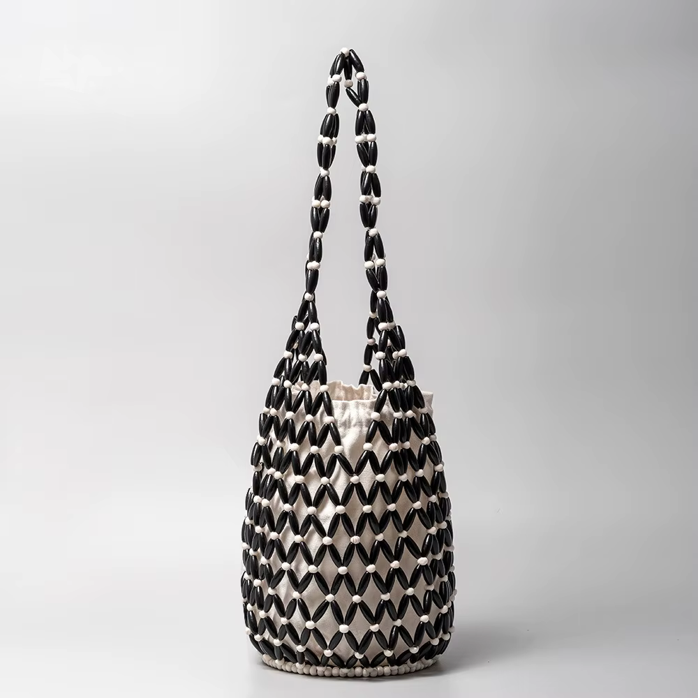 Sac à main tissé pour femmes, Design exquis, fourre-tout en perles de bois ajourées, sac seau à band