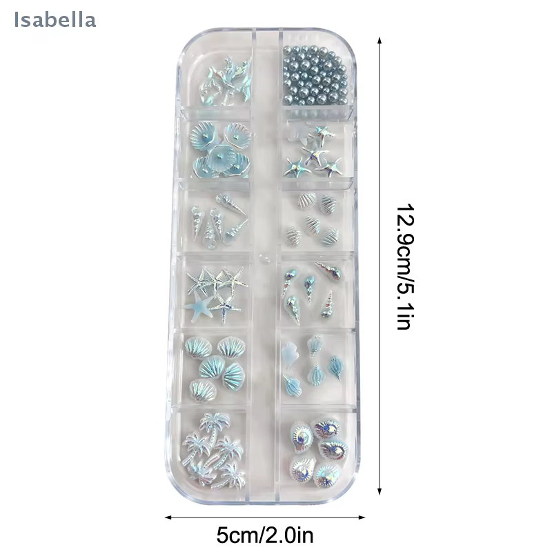 💕 12 grilles/boîte 3D étoile de mer et coquille décorations Nail Art, coquillage aurore et palmier b