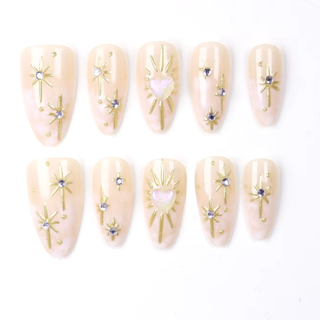 10 pièces 3D soleil étoile or ongles amande courte or charme conception réutilisable acrylique faux