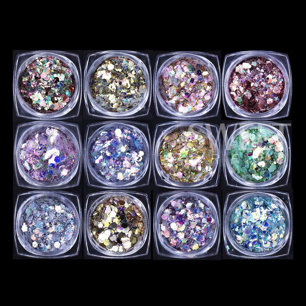 Paillettes holographiques hexagonales pour ongles, 12 couleurs, brillant, grosses paillettes irisées