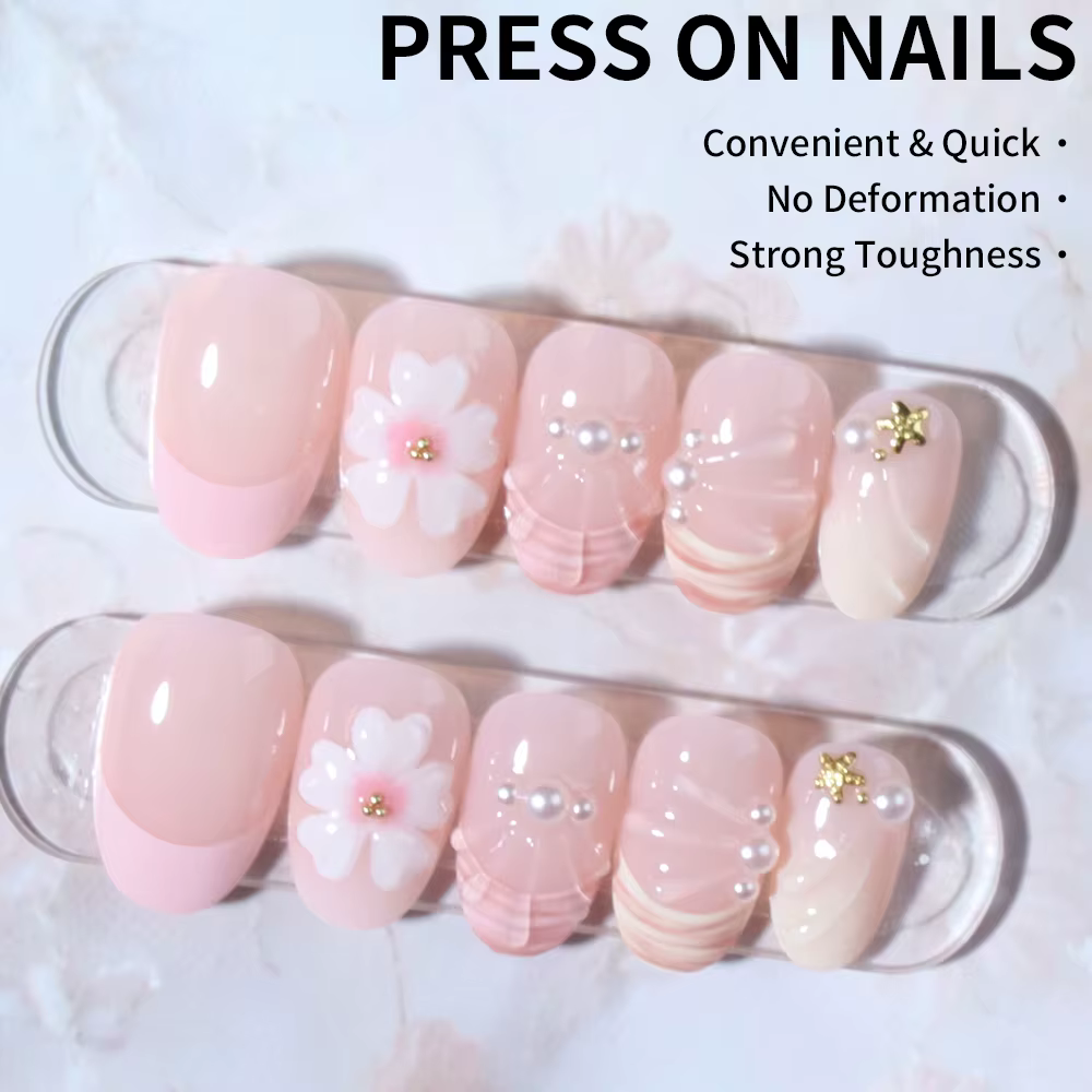 Autocollants pour ongles en Gel 3D ovales courts, 24 pièces, créer un Nail Art en forme de fleur de 