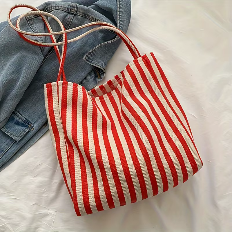 Sac fourre-tout chic en toile rayée, grande capacité, polyvalent, portable, léger, sac à bandoulière