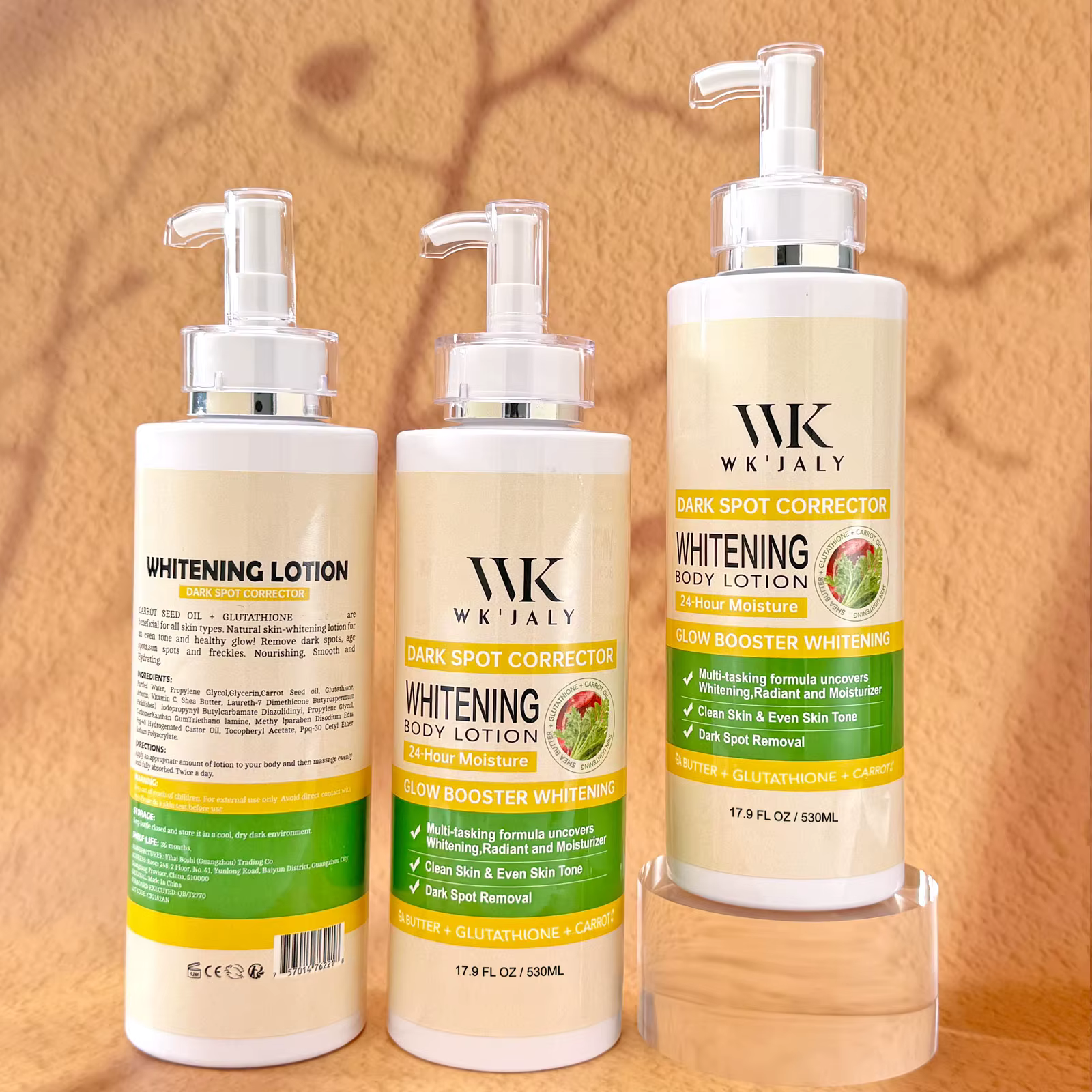 WK JALY Lotion pour le corps blanchissante Glow Booster, avec glutathion, élimine les taches foncées