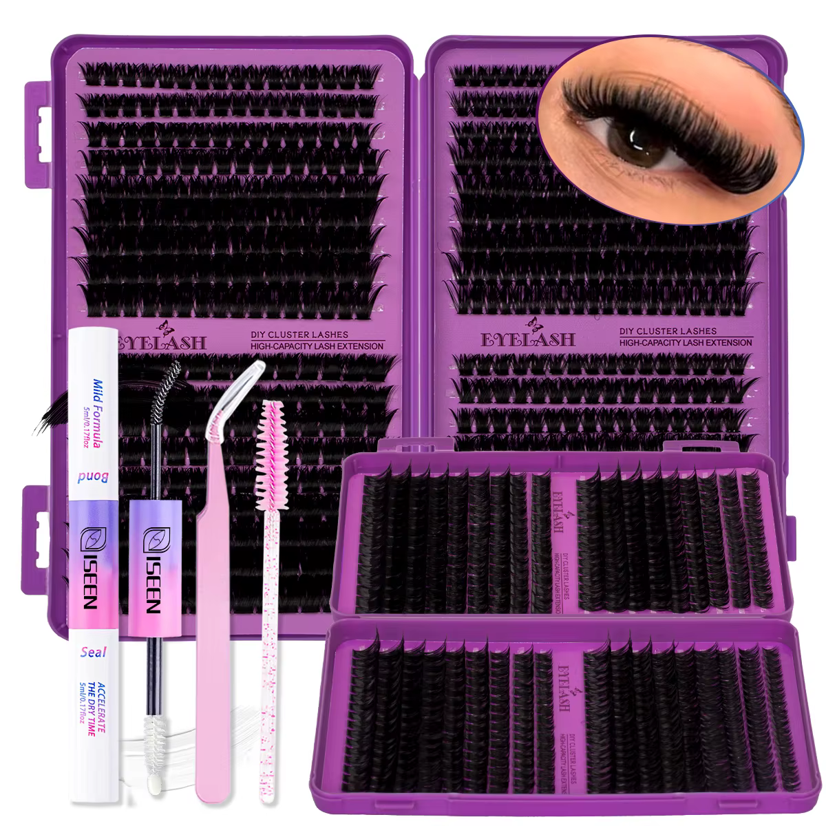 Kit de cils en grappes DIY, kit d'extension de cils grande capacité, courbure D, avec colle et fixat