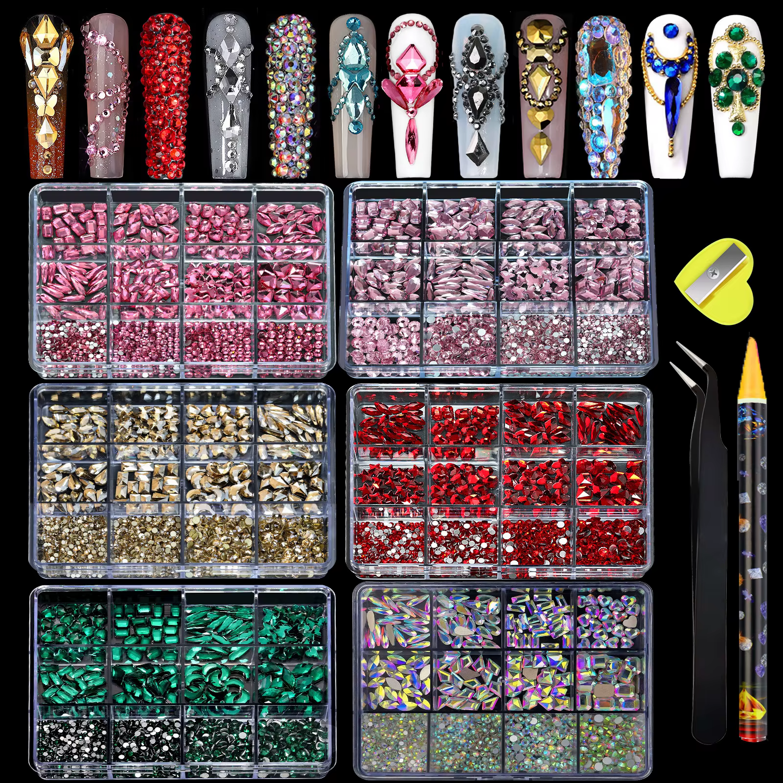 780-980 pièces 3D multi-formes luxe Nail Art strass clair/AB/rouge/bleu foret à fond plat avec stylo