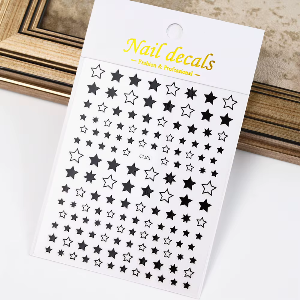 Autocollant 3D étoile noir et blanc pour Nail Art, décalcomanies auto-adhésives pentagramme Y2K, pai