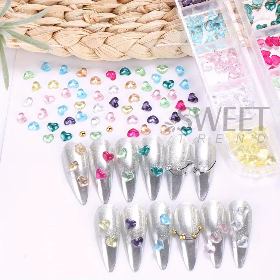 12 grilles en forme de cœur pour Nail Art, breloques transparentes en forme de cœur d'amour, bijoux