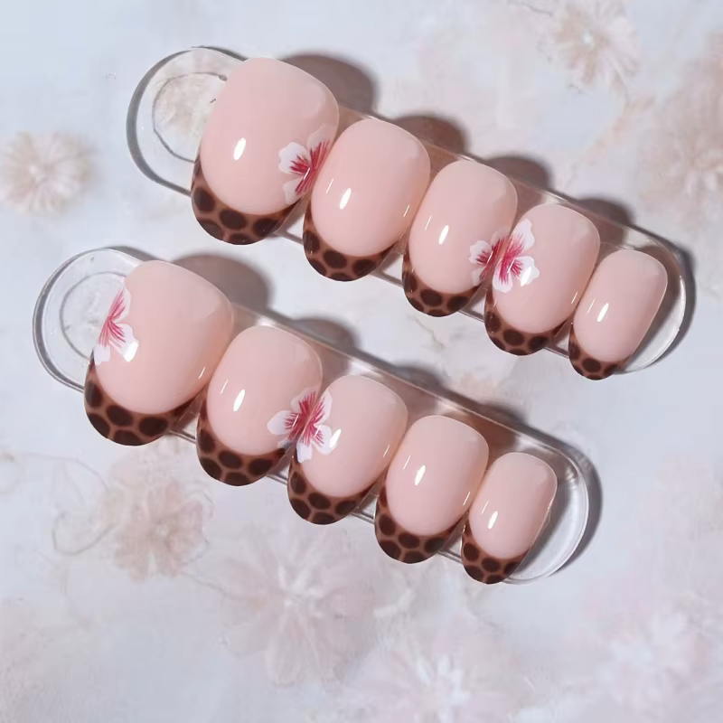 Faux ongles ambre de Style français, 24 pièces, pointes d'ongles à pression courtes et carrées, moti