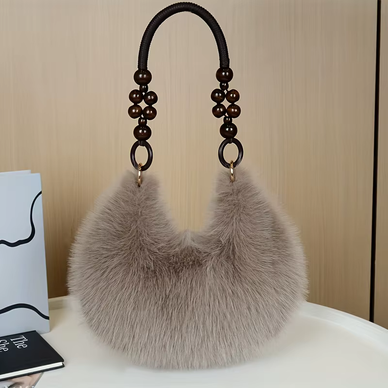 Faux sac à main pour femme, sac fourre-tout en peluche avec sangle accentuée de perles, sacs à main