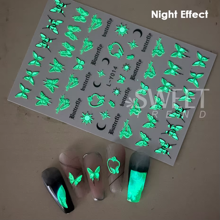 Autocollants pour ongles papillon lumineux, 3 pièces, série papillon bleu coloré, Design qui brille 