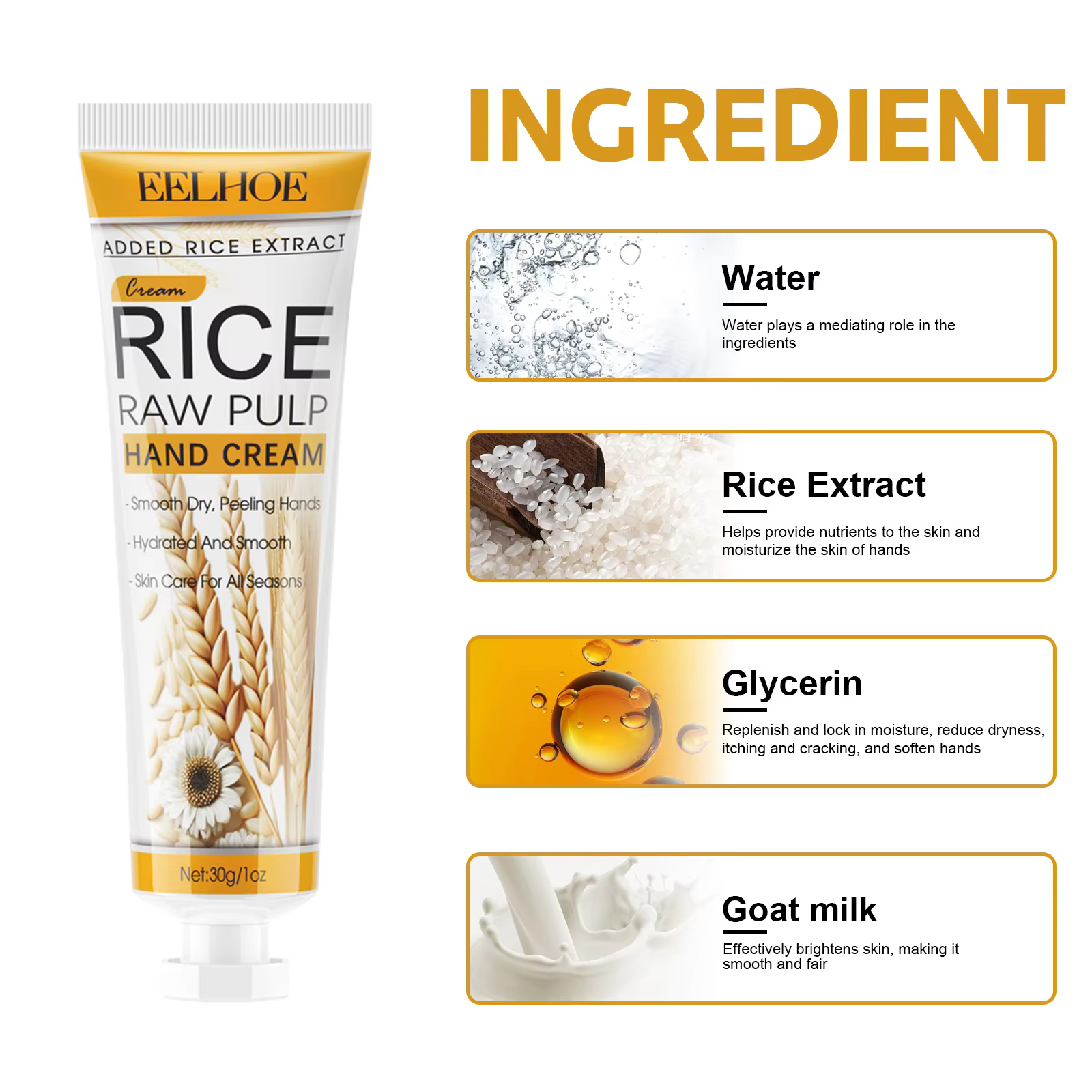 EELHOE – crème hydratante pour les mains, extrait de riz, pour les mains sèches et rugueuses, éclair