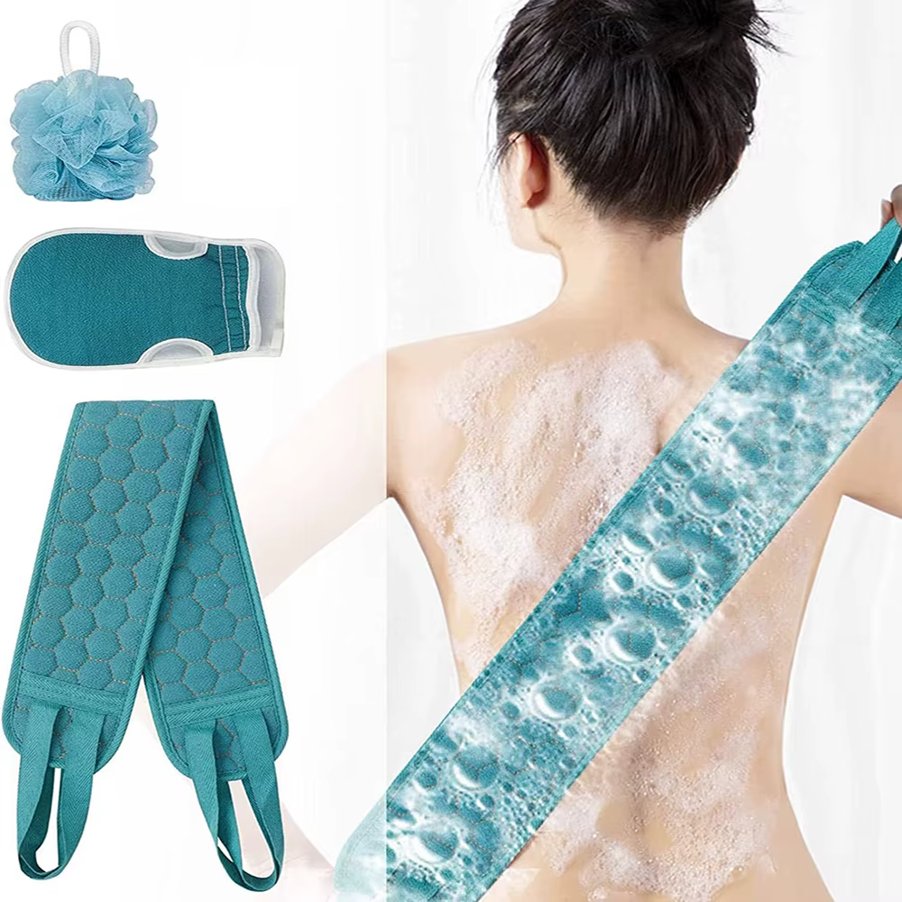 Ensemble d'épurateur corporel exfoliant – comprend un épurateur de dos, un gant de bain et une épong
