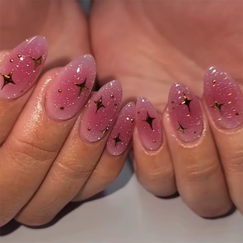 Faux ongles en forme d'amande à paillettes simples, avec colle, Design d'ongles ballerine, doux et f