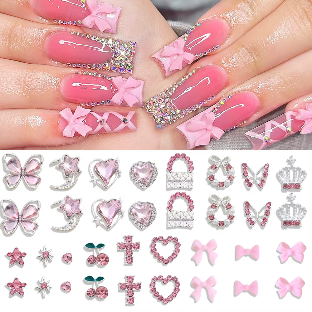 50/58 pièces mixte luxe rose cristal papillon/arc Y2k ongles breloques 3D métal argent alliage Nail 