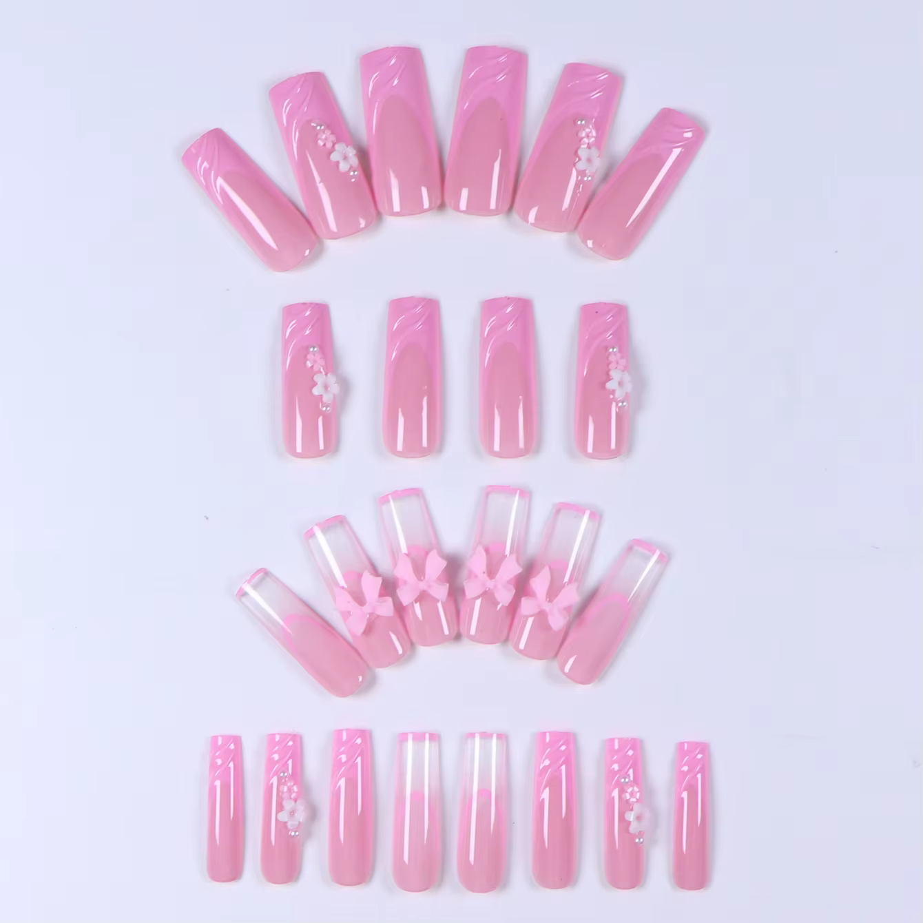 24 pièces- Faux ongles longs en forme de cercueil, papillon tridimensionnel rose, décoration florale