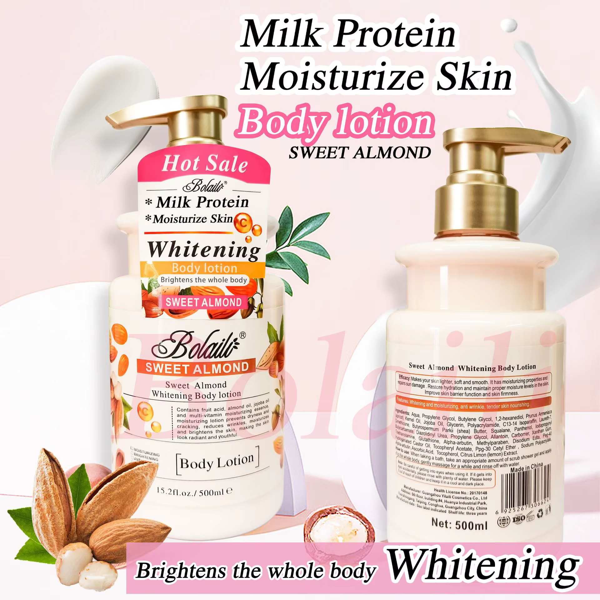 Lotion et gommage pour le corps blanchissant à l'amande, 500ml, exfoliant, hydratant, éclaircissant