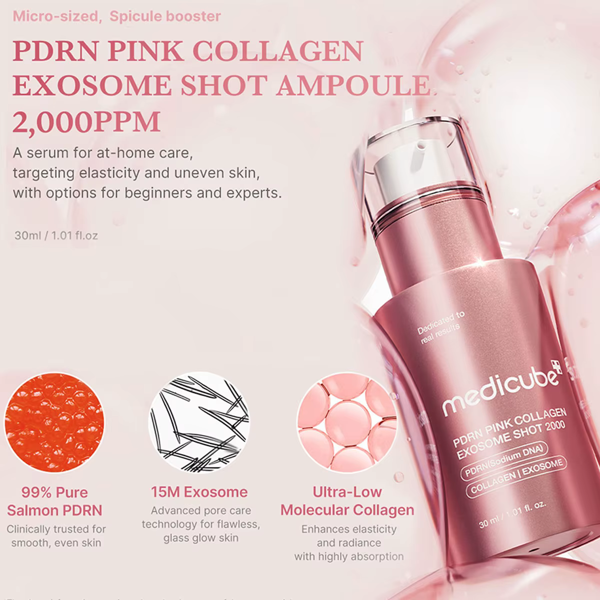 Medicube PDRN Shot d'exosome de collagène rose, liquide transparent rose, léger et absorbant rapidem