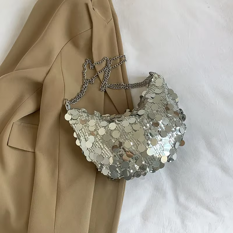 Sac à Main Demi-Lune Hobos à Paillettes pour Femme, Pochette de Soirée à la Mode