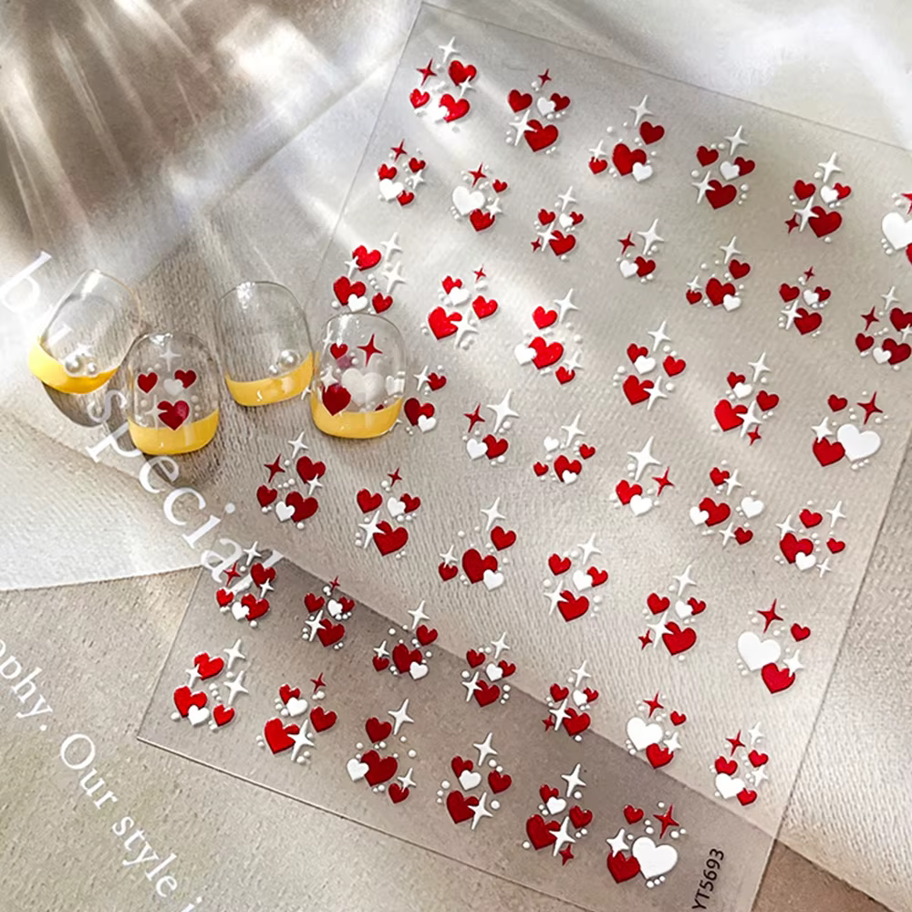 3D saint valentin amour coeur Nail Art autocollant rouge blanc croix étoiles auto-adhésif ongles déc