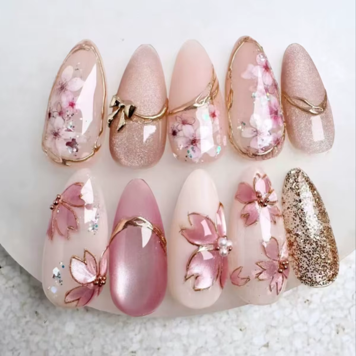 24 pièces dégradé rose amande faux ongles conseils portable oeil de chat tache conception ongles ens